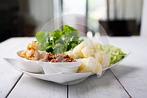 Nam prik or chili paste with boiled various vegetables,Thai food