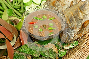 Nam Prik Kapi with fresh vegetable and fried fish