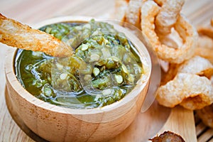 Nam prik num Northern Thai Green Chilli Dip and Pork snack.