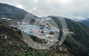 Namche Bazaar panoramic View . Everest Base Camp EBC trekking route. Sagarmatha National Park, Nepal