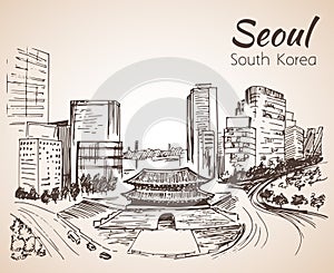 Namdaemun, the Sungnyemun - Seoul cityscape, hand drawn. South K
