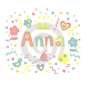 Name ANNA written in a nice coloring font, surrounded by flowers, hearts, butterflies.