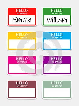Name badge. Tag of hello. Sticker or card with my nametag. Label with hi. Paper card for identification teacher, speaker on meet