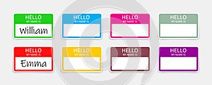 Name badge. Tag of hello. Sticker or card with my nametag. Label with hi. Paper card for identification teacher  speaker on meet