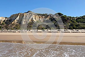 Sea and dunes at Playa de Rompeculos beach in Mazagon, Spain photo