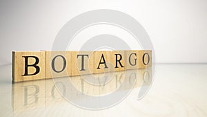 The name Botargo was created from wooden letter cubes. Seafood and food.