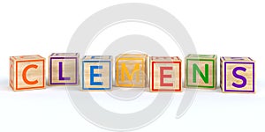 The name clemens written with Isolated wooden toy cubes