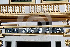 Name detail on the Lope de Vega theatre, Seville, Spain.