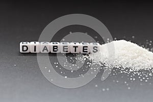 The name Diabetes created by white beads on a gray background. There is a spoon with sugar in the back