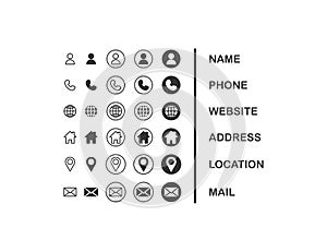 Name, phone, website, address location, mail icon set. Company connection business card vector