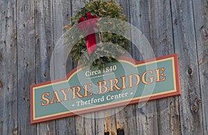 Name plaque for Sayer wooden  covered bridge, Thetford Center, Vermont