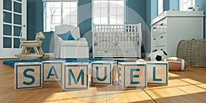 The name samuel written with wooden toy cubes in children`s room