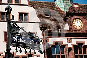 Name sign of Rathausplatz in Freiburg, Germany photo