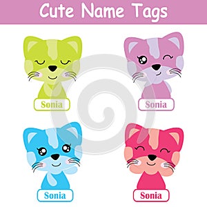 Name tag Vector cartoon of colorful cute cat girl suitable for kid name tag set design