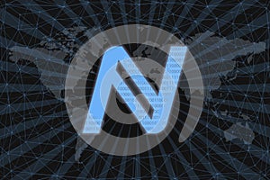 Namecoin NMC Abstract Cryptocurrency. With a dark background and a world map. Graphic concept for your design