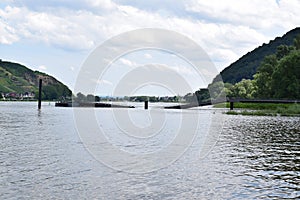 Namedy, Germany - 06 29 2021: crashed, sunk middle part of the bridge to Geysir Andernach