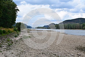 Namedy, Germany - 08 02 2022: Rhine riverbed at Namedyer Werth, view to Hammerstein