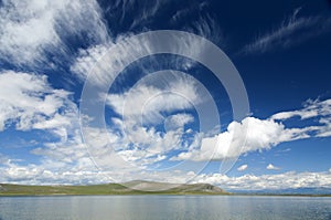 Cirrostratus clouds above clear Mongolian lake photo