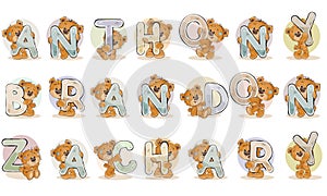 Names for boys Anthony, Brandon, Zachary made decorative letters with teddy bears