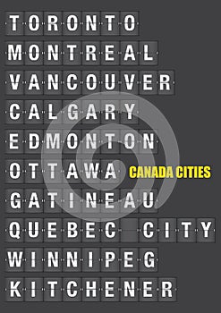 Names of Canadian Cities on Split flap Flip Board Display