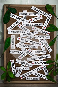 Names of the capitals of the countries of the world on a cork surface