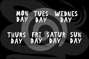 Names of days of the week, vintage grunge typographic, uneven stamp style lettering for your calendar designs