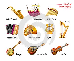 Names of Musical instruments in English. Set of illustrations for encyclopedia or for kids school textbook. Educational page for