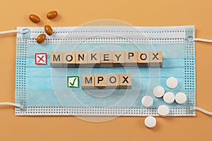 The names of the virus Monkeypox and Mpox are lined with wooden cubes on a surgical mask. photo