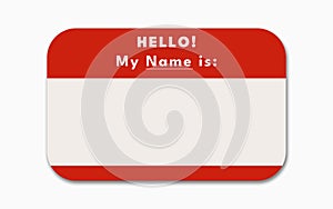 Nametag Red Card Isolated On white background. Hello! My name Is: Text With Empty Tag Name Blank