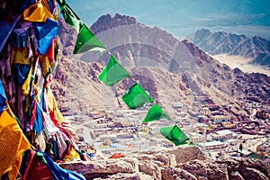 Namgyal Tsemo Gompa, buddhist monastery in Leh at sunset with dramatic sky. Ladakh, India.