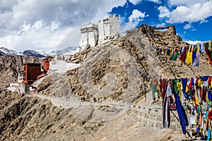 Namgyal Tsemo Gompa, buddhist monastery in Leh at sunset with dramatic sky. Ladakh, India.