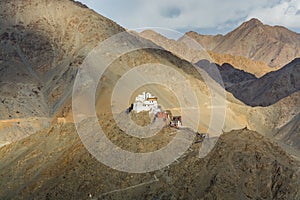 Namgyal Tsemo Monastery with background of Himalayas mountains and  beautiful evening light, view from Shanti Stupa,  Leh, Ladakh