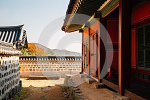 Namhansanseong Fortress, Korean old traditional house with autumn maple in Gwangju, Korea