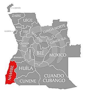 Namibe red highlighted in map of Angola