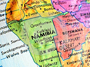 Namibia Africa focus macro shot on globe map for travel blogs, social media, website banners and backgrounds.