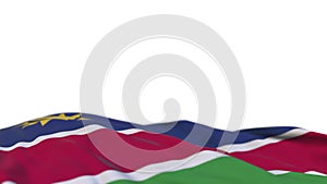 Namibia fabric flag waving on the wind loop. Namib embroidery stiched cloth banner swaying on the breeze. Half-filled white