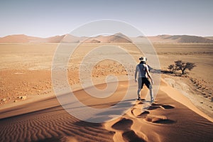 Namibia Namib Desert Sossusvlei Man walking on the top of the famous dunes at sunrise. Epic intrepid adventure travel photo