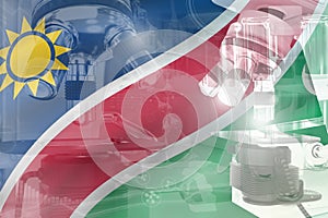 Namibia science development conceptual background - microscope on flag. Research in nanotechnology or pharmaceutical industry, 3D