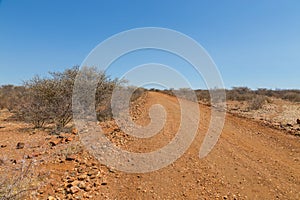 Namibian landscape along the gravel road. Oanob, Namibia