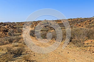 Namibian landscape along the gravel road. Oanob, Namibia