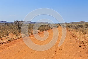 Namibian landscape along the gravel road. Oanob, Namibia