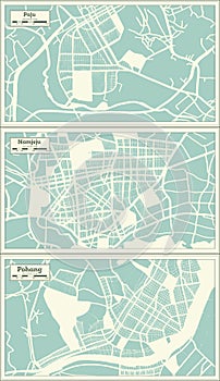 Namjeju, Pohang and Paju South Korea City Maps Set in Retro Style