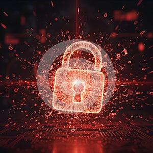 Glowing Digital Padlock with Binary Code Explosion for Cybersecurity Concept