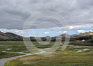 Namskvisl river, next to the Laugahraun lava field, Landmannalaugar, Fjallabak Nature Reserve, Highland of Iceland, Europe
