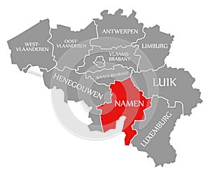 Namur red highlighted in map of Belgium