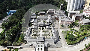 Nan lion garden in aerial view. one of buddhist building in kowloon which built by tong dynasty style.