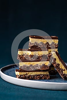 Nanaimo bars - a traditional Canadian dessert - on a dark background