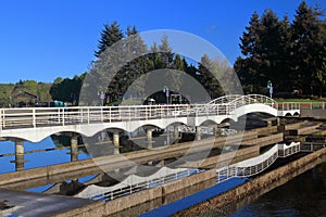 Nanaimo, Vancouver Island, White Bridge Reflected in Swaylana Lagoon in Maffeo Sutton Park, British Columbia, Canada