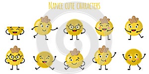 Nance fruit cute funny cheerful characters with different poses and emotions