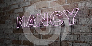 NANCY - Glowing Neon Sign on stonework wall - 3D rendered royalty free stock illustration